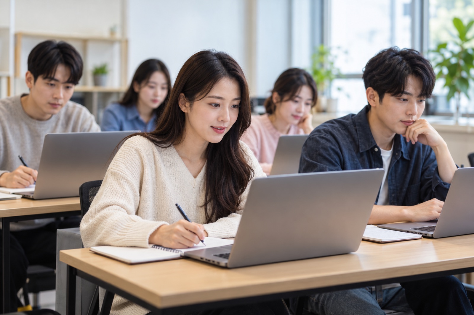 직업훈련 강의실에서 노트북으로 온라인 강의를 듣는 수강생들