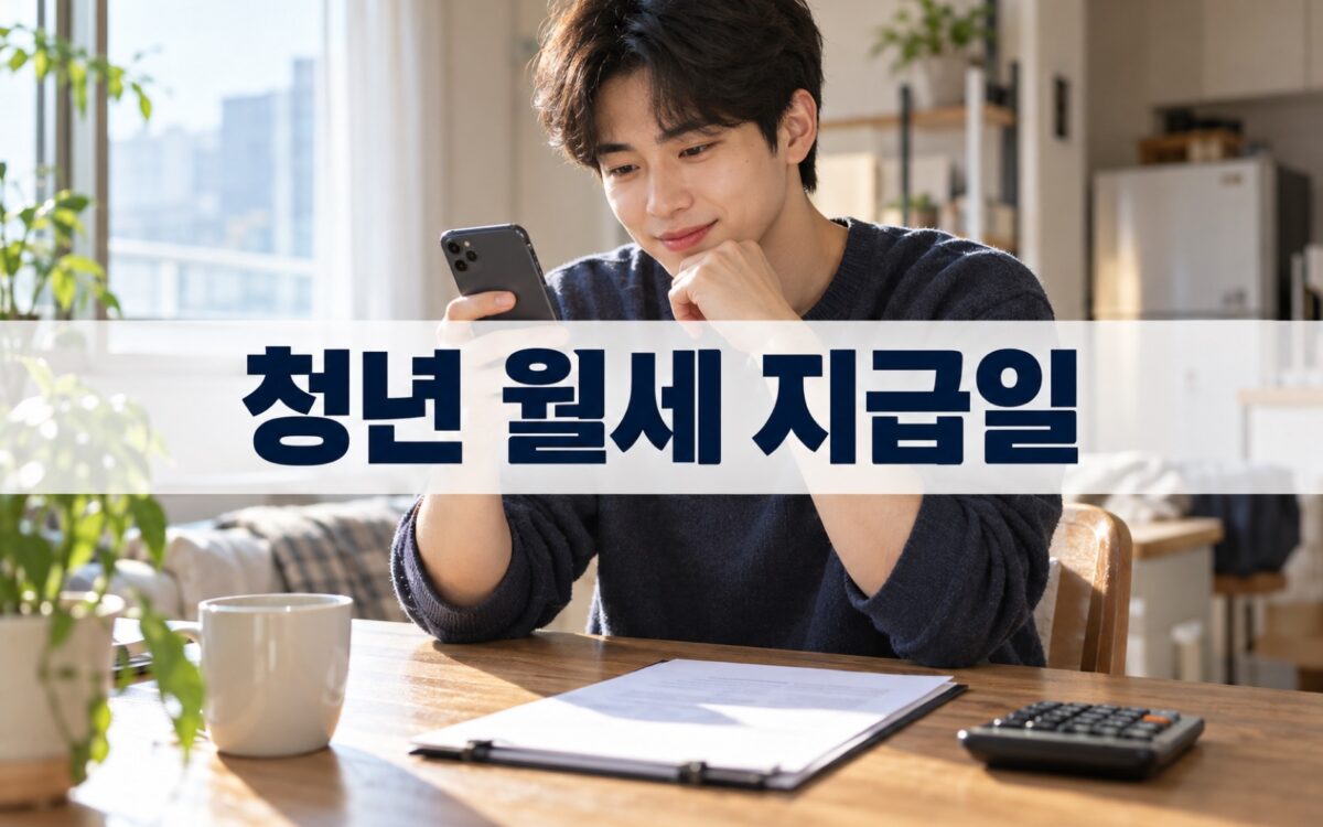 임대주택에서 스마트폰으로 월세 입금 내역을 확인하는 청년