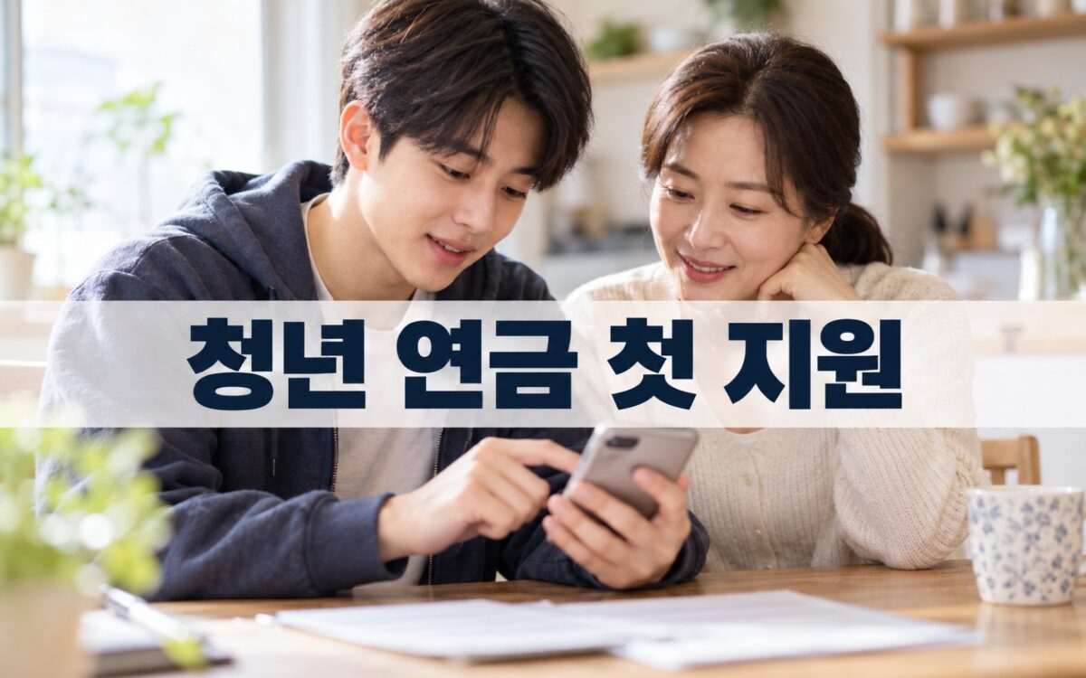 2009년생 청년과 보호자가 집에서 휴대전화로 연금보험료 지원 내용을 확인하는 장면